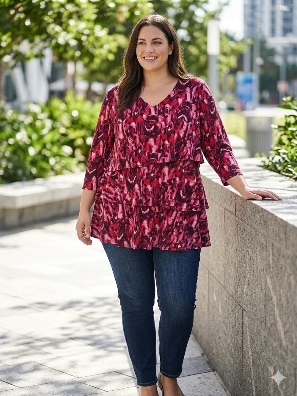 Susan Graver Tiered V-Neck Tunic in Fuchsia and Burgundy Print
